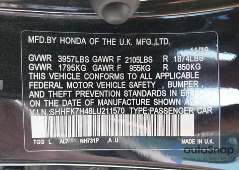 2020 Honda Civic Sport из США, поврежденный, VIN SHHFK7H48LU211570